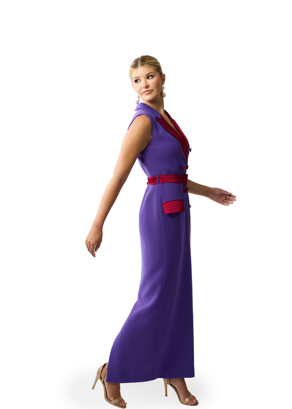 Tuxedo dress side view showing floor length structured silhouette