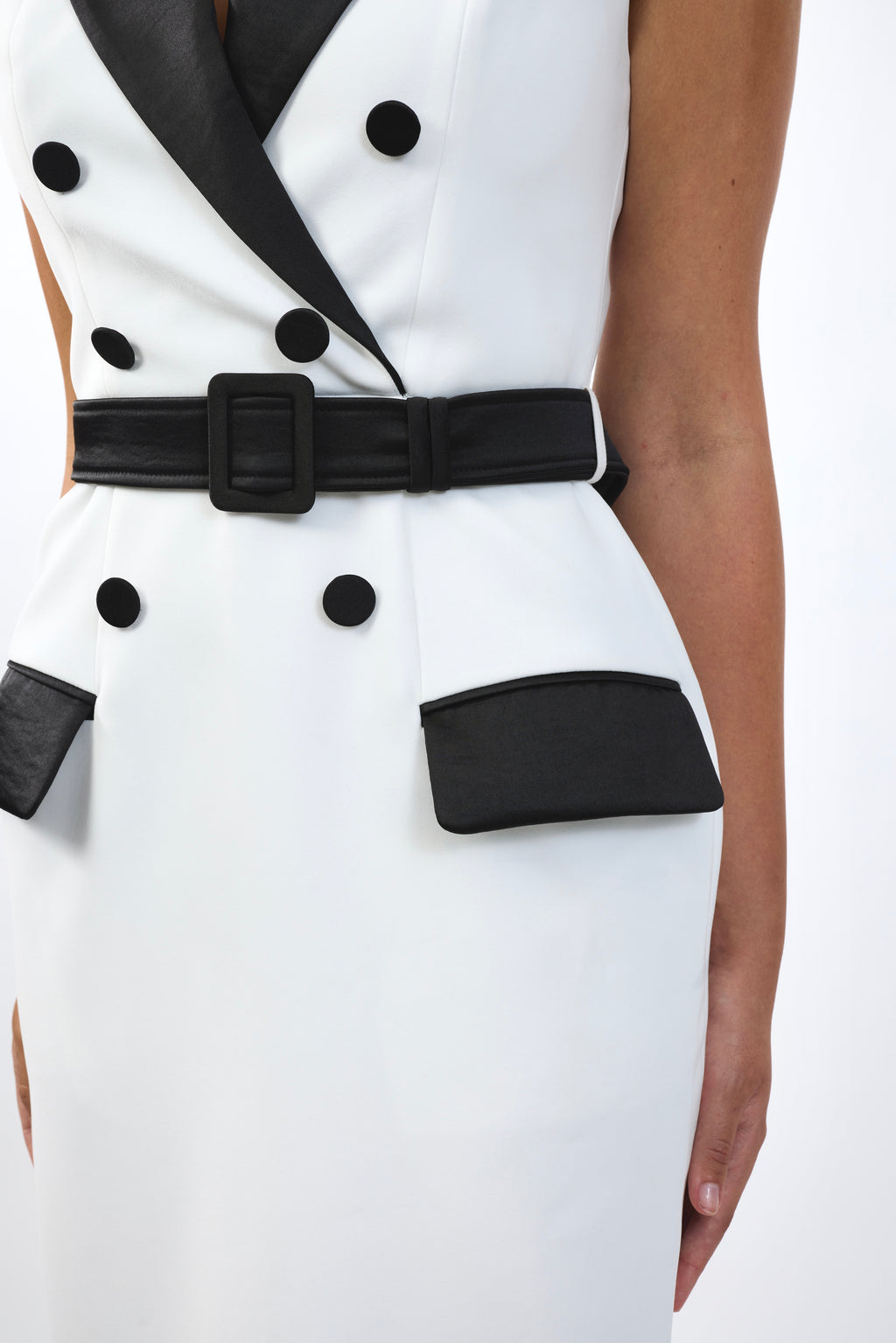 Women's tuxedo evening dress with premium luxury fabric texture