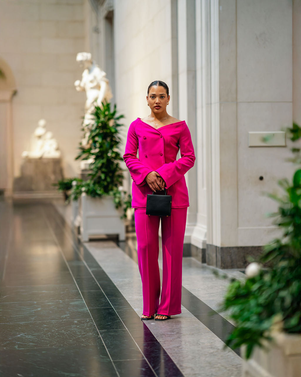 full view of Nova pink women’s blazer paired with nova tailored pants