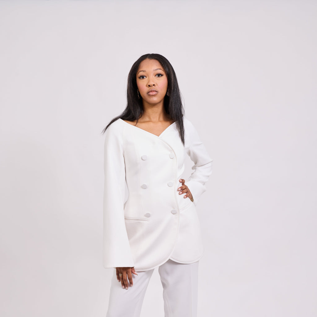 Front view of Nova white women’s blazer with structured tailored fit