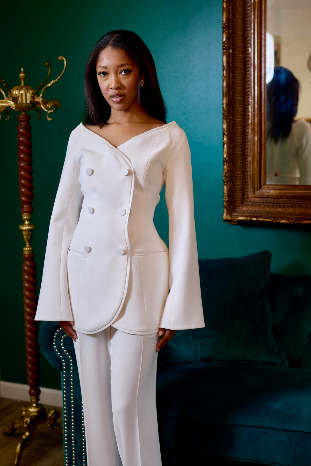 Model styling Nova white blazer for a modern chic look