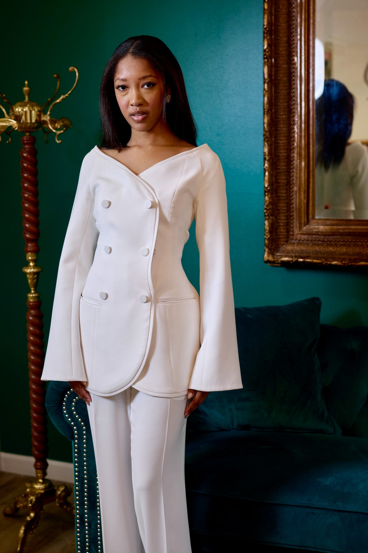 Model styling Nova white blazer for a modern chic look